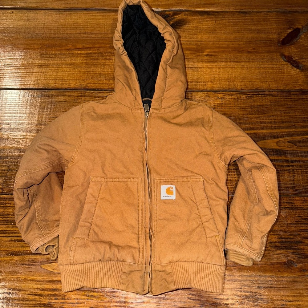 Carhartt Kids Active Jacket Brown Duck Hooded Quilted Flannel Lined Size XXS 4-5
